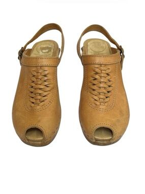 No.6 Tan Leather Peep Toe Wooden Platform Clogs, Size 38